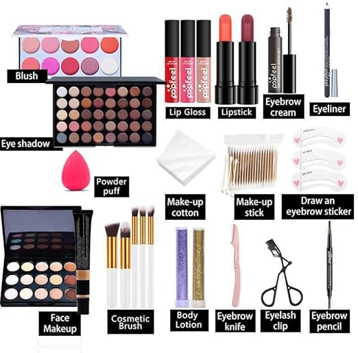 Popfeel Full Complete 30-in-1 Mega Makeup Kit – Eyeshadow, Blush, Brushes, Lipsticks, Glitter, Beauty Tools & Travel Bag