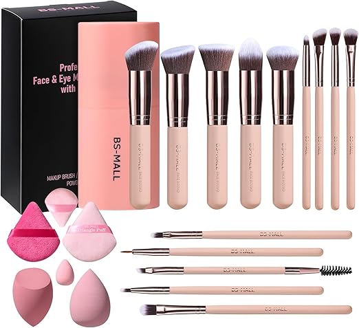 BS-MALL Professional Face & Eye Makeup Brush Set with Beauty Blender – 14 Pieces (Nude Pink Edition)
