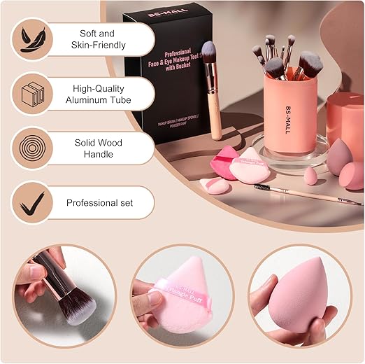 BS-MALL Professional Face & Eye Makeup Brush Set with Beauty Blender – 14 Pieces (Nude Pink Edition)