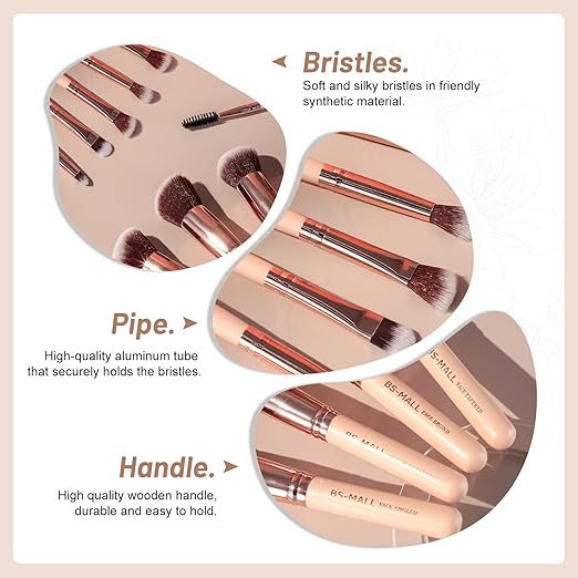 BS-MALL Professional Face & Eye Makeup Brush Set with Beauty Blender – 14 Pieces (Nude Pink Edition)