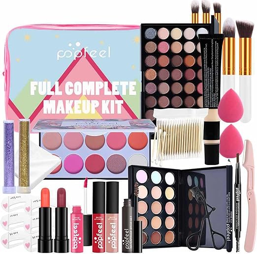 Popfeel Full Complete 30-in-1 Mega Makeup Kit – Eyeshadow, Blush, Brushes, Lipsticks, Glitter, Beauty Tools & Travel Bag