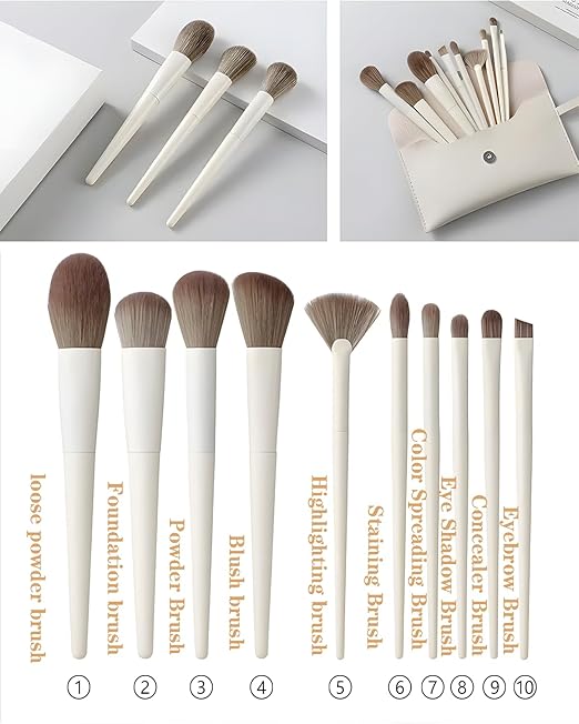 Professional White Makeup Brush Set – 10 Pieces with Elegant Storage Pouch