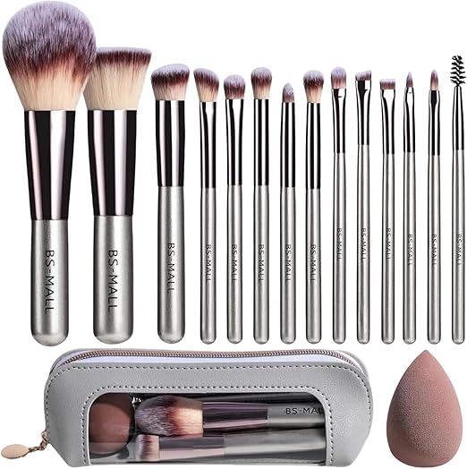 BS-MALL Professional Makeup Brush Set with Pouch & Beauty Blender – 18 Pieces (Silver Edition)