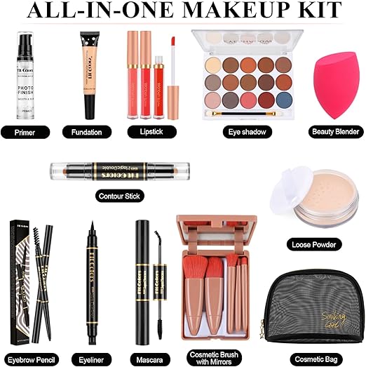 Complete 20-in-1 Beauty Glam Kit – Eyeshadow, Face Brushes, Primer, Concealer, Lip Gloss Set & Travel Pouch