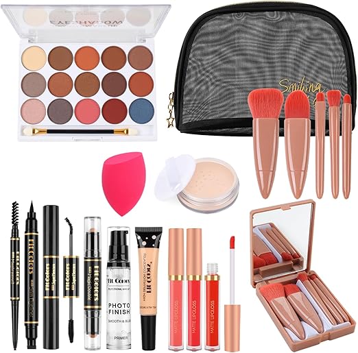 Complete 20-in-1 Beauty Glam Kit – Eyeshadow, Face Brushes, Primer, Concealer, Lip Gloss Set & Travel Pouch
