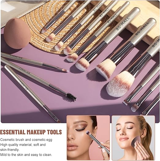 BS-MALL Professional Makeup Brush Set with Pouch & Beauty Blender – 18 Pieces (Silver Edition)